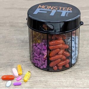Monster Pill dispenser with compartment labels. 7 large compartments